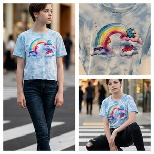 Blue Tie-Dye  Shirt with Rainbow Design